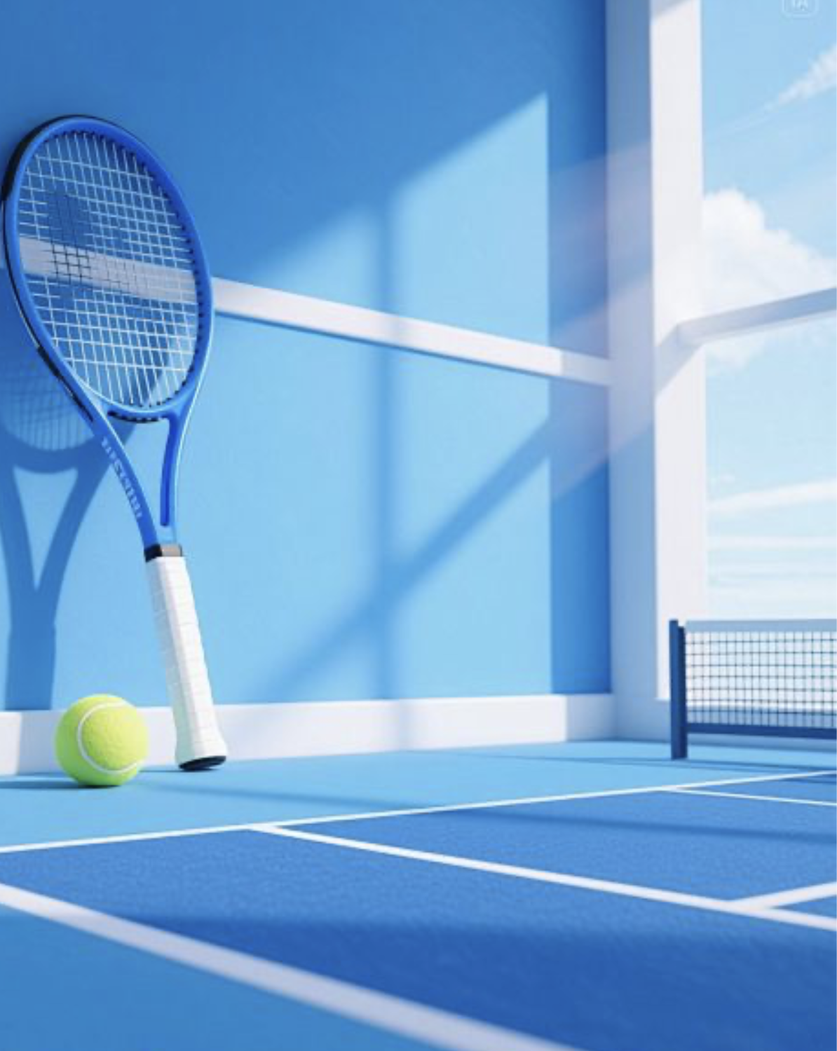 A blue tennis court with a racket and ball